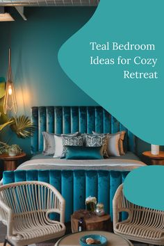 Teal bedroom with plush velvet bed and rattan chairs, creating a cozy retreat. Ensuite Bathroom Designs, Industrial Chic Kitchen, Modern Bedroom Colors, Metallic Decor, Teal Bedding, Teal Bedroom, Chic Desk