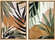 two paintings with green and brown leaves on them