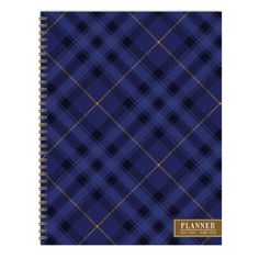 a blue and gold plaid notebook with the word planner written in gold foil on it