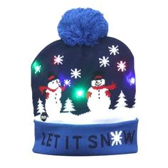 a blue hat with snowmen and lights on it