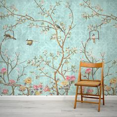 This wall mural has a stunning patterned mint background embellished with charming birds and tree branches in true chinoiserie style. Blue Chinoiserie Wallpaper, Background Birds, Kids Bedroom Wallpaper, Wallpaper Walls Bedroom, Vinyl Wall Covering, Chinoiserie Art, Turquoise Walls, Chinoiserie Motifs, Tree Wall Murals