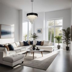 a living room filled with furniture and a chandelier