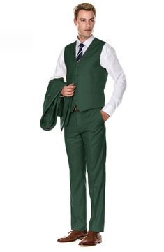 Bring understated elegance to the table in this three-piece suit crafted from rich fabric in a classic single-breasted silhouette. Jacket has notched lapels; chest welt pocket; front flap pockets Vest has front button closure; V-neck Pants have zip fly with button closure; front slant pockets; back button-welt pockets Jacket and vest are lined; trousers are lined to the knee 65% polyester, 35% viscose Dry clean Imported Each suit has a 6” drop, meaning that a size 38R jacket is paired with size Pocket Vest, Rich Fabric, Three Piece Suit, Pocket Jacket, 3 Piece Suits, Understated Elegance, Hunter Green, Three Piece, The Table