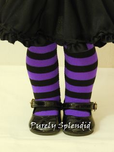 "Liven up your dolls fall clothes or costume with a pair of Spook-tacular Purple and Black Striped Halloween Hose!  Great for school or that special party!  These are truly a Perfect Fit -there are no sags and bags here - which means your doll will look and feel Boo-tiful!! Please hand wash in cold water only as needed. Sized for 18 inch dolls - these will not fit human kids or babies. Also available in Orange & Black Striped found here https://www.etsy.com/listing/200727116 and Green & Black St Halloween Tights, Witch Accessories, Fall Clothes, Yellow Stripes, Red And White Stripes, Pink Fabric, Beautiful Dolls, American Made, Girl Dolls