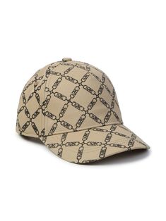 beige/black cotton twill weave curved peak bowl crown all-over logo print five-panel construction eyelet vents rear touch-strap fastening pull-on style Trendy Baseball Cap With Logo And Curved Brim, Adjustable Baseball Cap With Logo Print, Adjustable Logo Print Visor Hat, Adjustable Visor Hat With Logo Print, Adjustable Six-panel Hat With Logo Print, Trendy Adjustable Hats With Logo Print, Adjustable Baseball Cap With Logo Print And Curved Visor, Adjustable Baseball Cap With Logo And Curved Visor, Beige Baseball Cap With Curved Visor