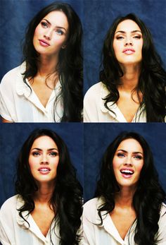 four different pictures of a woman with long dark hair and blue eyes, wearing a white shirt