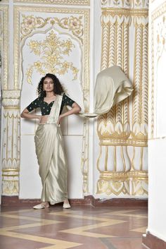 Oyster Grey Satin Drape Saree - Trendroots Satin Sari, Sari Silk Jewelry, Draped Saree, Brocade Blouse, Silk Jewelry, Brocade Blouses, Drape Saree, Georgette Blouse, Black Saree