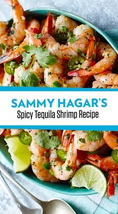 a bowl filled with shrimp and garnished with cilantro, lime wedges