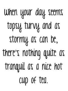 a quote that says when your day seems topsy turvy and as stormy as can be, there's nothing quite as tranquil as a nice not cup of tea