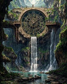 a waterfall with a clock on the top