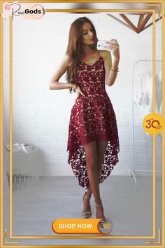 Solid Color Cutout Irregular Lace V-neck Dress Homecoming Dress Short, Wine Dress, Lace Homecoming Dresses, Short Prom Dress, Burgundy Lace, Short Prom, Necklines For Dresses, Prom Dresses Short, Dresses Short