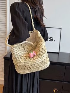 Bird in Bag - Fashionable Simple Shoulder and Hand Tote Bag with Hollow-Out Design Capacity Beige Bag, Shoulder Tote Bag, Bird In Bag, Shoulder Tote, Free Gifts, Tote Bag, Size Small, Crochet, Pattern