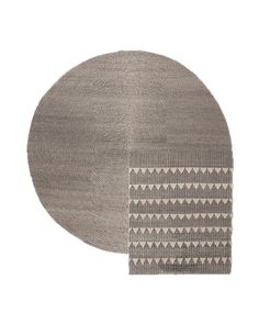 two round rugs with geometric designs on them, one in grey and the other in white