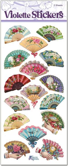 an assortment of decorative stickers with flowers and fan designs on the front, in various colors