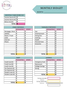 a printable budget sheet with the words, month to month and numbers on it