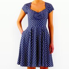 Vintage Style Polka Dress Approximately Measurements * Length 40” Bust 16.5” Waist 15” Condition Brand New No Tags First Pic Just For Reference No Pockets In The Actual Dress Casual Fitted Polka Dot Midi Dress, Blue Midi Dress With Fitted Bodice And Short Sleeves, Summer Dress With Flattering Silhouette And Fitted Waist, Blue Midi Dress With Flattering Silhouette For Summer, Casual Fitted Dress With Flattering Silhouette, Casual A-line Dress With Fitted Bodice, Blue Casual Dress With Fitted Bodice, Navy Fitted Midi Dress, Blue Stretch Mid-length Dress