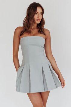 Shop the Jeziah Strapless Box Pleat Mini Dress Light Denim | Selfie Leslie Dc Outfits, Box Pleat Dress, Box Pleated Dress, Mini Dress Strapless, At Home Outfits, Fallen In Love, Pleated Mini Dress, Princess Seams, Iron Material