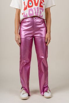 Metallic faux leather pants hot pink - Trendy T-Shirts for Valentine's Day at Lush Fashion Lounge Boutique in Oklahoma City Metallic Pink Pants, Classy Dinner Outfits, Leather Pants Outfit Going Out, Casual Night Out Outfit, Winter Party Outfit