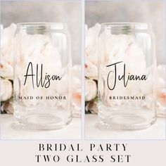 two mason jars with the names of bride and groom on them, sitting next to each other