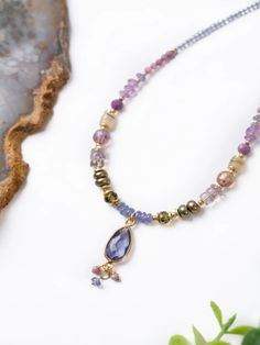 Hydrangea Tanzanite & Pearl Beaded Necklace by Anne Vaughan | Gold Filled | Light Years Tanzanite Necklace, Pearl Beaded Necklace, Designer Handmade Jewellery, Necklace Design, Matching Bracelet, Purple And Green, Original Jewelry, Long Pendant, Matching Bracelets