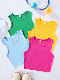 Multicolor Casual Collar  Knitted Fabric Plain Tank Embellished Slight Stretch  Tween Girls Clothing Summer Crew Neck Solid Color Crop Top, Summer Crew Neck Crop Top In Solid Color, Cute Solid Color Summer Tops, Basic Solid Color Summer Crop Top, Solid Color Y2k Tank Top For Summer, Y2k Style Solid Color Tank Top For Summer, Summer Cotton Tops Solid Color, Summer Cotton Tops In Solid Color, Cute Stretch Tank Top For Summer