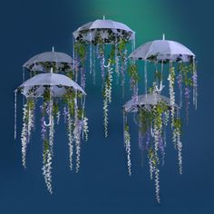 four white umbrellas with flowers hanging from them in the air and some green plants growing out of them