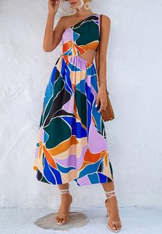 The Emes Shop dress is detailed with a gorgeous multicolor abstract print. Features a one shoulder neck line. side cutout detail. flowy skirt. and mid-calf length. Pair it with a sling bag and sandals for a unique look.MATERIAL:95% Polyester 5% SpandexMEASUREMENTS: Product Length 49"-51"in 4-6-Small | Waist: 25"-26.5"in | Chest: 33"-34.5"in | Hips: 33.5"-35"in 6-8-Medium | Waist: 26.5"-28"in | Chest: 34.5"-36"in | Hips: 35"-36.5"in 8-10-Large | Waist: 28"-29.5"in | Chest: 36"-37.5"in | Hips: 36. Shop Dress, Shoulder Cut, Mid Dresses, Asymmetrical Design, Flowy Skirt, Sleeveless Maxi Dress, High Point, Asymmetrical Dress, Womens Midi Dresses