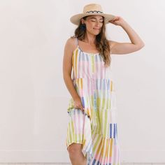 Sunshine Tienda® Colorful Stripe Champagne Beach Dress Summer Midi Sundress, Summer Maxi Sundress For Daywear, Summer Maxi Length Sundress For Daywear, Multicolor Sundress With Tie Straps For Brunch, Summer Beach Midi Dress With Adjustable Straps, Daytime Summer Midi Dress, Midi Sundress For Summer Brunch, Cotton Midi Dress For Summer, Summer Cotton Sundress With Adjustable Straps