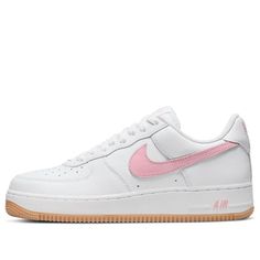 The Nike Air Force 1 Low '07 Retro 'Color Of The Month Pink Gum' is a stylish sneaker that features a white leather base with pink contrast branding. The white midsole with gum rubber outsole completes the design, along with a special toothbrush. This sneaker is perfect for any activity, from running to casual wear. The inspiration behind this design is the classic Nike Air Force 1 silhouette, making it a great addition to any sneaker collection. The White/Pink-Gum Yellow-Metallic Gold colorway is a unique combination that stands out and is sure to turn heads. Get your pair of the Nike Air Force 1 Low '07 Retro 'Color Of The Month Pink Gum' today! (AF1/SNKR/Skate/Unisex/Low Top) Nike Air Force 1 White Cushioned For Light Sports, White Nike Air Force 1 Casual Streetwear, Nike White Sneakers With Gum Sole, White Nike Sneakers With Gum Sole, Casual White Nike Air Force 1 For Streetwear, White Nike Air Force 1 For Sports, White Nike Air Force 1 Casual Sports, Pink Low-top Nike Air Force 1 Casual Shoes, White Nike Air Force 1 Casual Sports Shoes