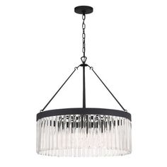 a chandelier hanging from the ceiling with clear glass rods and black metal frame