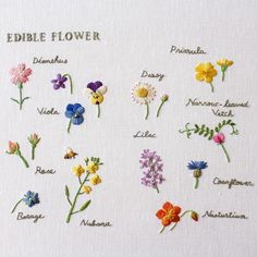 embroidered flowers and their names on a white background