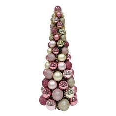 a christmas tree made out of balls and tinsels is shown in pink, gold and silver