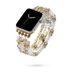 Gold And White Faceted Multistrand Hypoallergenic Nickel Free Beaded Watch. Custom Decorative Accent Beads Accents And Designed With Love In Texas. Size 6.25 - 7.25 Inches Circumference With Custom Sizing Available On Select Pieces. Trendy Silver Beaded Watch Band, Trendy Beaded Gold Apple Watch Band, Trendy Gold Beaded Apple Watch Band, Adjustable Gold Beaded Watch Bands, Trendy Gold Beaded Watch Bands, Trendy Adjustable Beaded Apple Watch Band, Trendy Beaded Apple Watch Band, Trendy Beaded Apple Watch Band As Fashion Accessory, Adjustable Gold Apple Watch Band With Round Beads