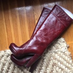 Burgundy Platform Boots, Like New, Only Worn Once! Very Comfortable! High Boots That Hit Just Below The Knee! Still In Original Shoe Box! Highheel Boots, Trendy Red Knee-high Boots With Round Toe, Burgundy Knee High Boots, Fitted Red Mid-calf Boots With High Heel, Red Knee High Boots, Burgundy Leather Knee-high Boots, Bold Red Ankle-high Boots, Red Knee-high Boots Medium Width, Burgundy Boots