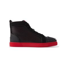 Christian Louboutin was first asked to make men's shoes for pop star Mika to wear on tour, growing up with three sisters, the singer had never seen such excitement as when they put on the designer's shoes. These 'Lou' high-top sneakers are made from panels of supple black leather, mesh and canvas. They're finished with signature spikes at the toes and have comfortable red soles. Calf Leather High-top Sneakers With Studded Outsoles, Custom Calf Leather Sneakers With Studded Outsoles, Red Leather High-top Sneakers With Perforations, Designer Sneakers With Leather Sole For Streetwear, Designer High-top Sneakers With Perforations For Streetwear, Red Sole Leather High-top Lace-up Sneakers, Leather High-top Sneakers With Red Sole For Streetwear, Luxury High-top Sneakers With Red Sole For Streetwear, Designer Leather High-top Sneakers With Perforated Toe Box