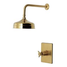 the brass shower faucet and hand shower head are both in polished brass finish