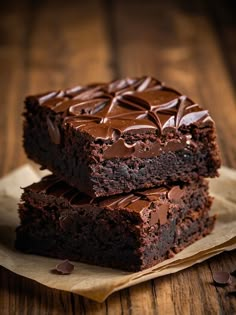 two chocolate brownies stacked on top of each other