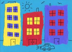 children's drawing of three buildings and a car