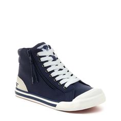 Jazz up your shoe collection with Rocket Dog's Jazzin Navy High-Top Sneaker. Navy canvas upper, comfy jersey lining, and an oversized rubber toe cap! Ideal with your go-to jeans and a funky graphic tee for that effortlessly cool vibe. Ready to hit the high notes, ladies? 🎵👟 Rocket Dog women's high-top sneakers Upper Material: Navy canvas cotton Lining: Jersey Laces: White laces Toe Type: Oversized rubber toe cap Branding: Rocket Dog embossed heel logo Sole: Rubber sole with tonal stripe Lining Cap Branding, Funky Graphic, Rocket Dogs, High Top Sneaker, Rocket Dog, Brand Image, Stylish Shoes, Types Of Shoes, Shoe Collection