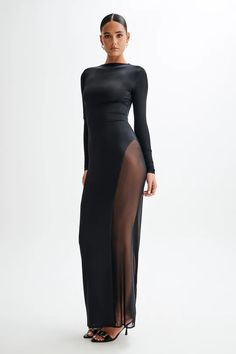 Andretti Slinky Long Sleeve Maxi Dress With Mesh - Black - MESHKI U.S Long Summer Dresses Maxi, Mesh Bodycon Dress, Maxi Dress Sale, Long Summer Dresses, Sleeve Maxi Dress, Long Sleeve Maxi, Crepe Dress, Long Sleeve Maxi Dress, Spring Dresses