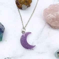 Small Purple Glitter Crescent Moon Necklace | Stargazer Goods Magical Purple Pendant Necklace, Purple Moon Charm Pendant Necklace, Purple Pendant Necklace With Moon Charm, Purple Glitter Jewelry For Gifts, Purple Moon Phase Necklace For Gifts, Purple Glitter Jewelry Gift, Chunky Choker Necklace, Interlocking Circle Necklace, Purple Moon