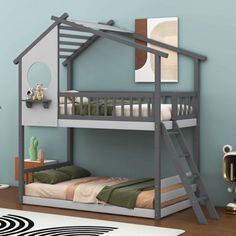 there is a bunk bed with a ladder to the bottom and a small house on top