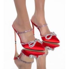 Backless Party Stilettos Pump Sandal -Red Style These With A Sexy Satin Mini Dress For A Sparkly Night Out Pointed Toe 4.5” Stiletto Heel Rhinestone-Embellished Strap Rhinestone Trim Rhinestone Bow Size: 7,7.5,8.5,9,10 Rhinestone Bow Heels, Slip On Wedge Sandals, High Heel Clogs, Red Stilettos, Keen Sandals, Zara Heels, Toe Post Sandals, Womens Stilettos, Bootie Sandals