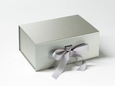 Pearl Silver Gray A5 Deep Slot Box Sample with ribbon from Foldabox USA Groom Gift Box, Empty Gift Boxes, Gift Box With Ribbon, Magnetic Gift Box, Box With Ribbon, Silver Gift Box, Personalised Gift Boxes, Bridesmaid Proposal Box, Bespoke Gifts