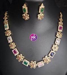 Premium quality Multi-color AD/CZ stone Flower design Necklace with cute Earrings - Gold Jewelry Replica Haram - MK Fashionkart Material:  Premium Polish with AD/CZ Stones Earrings: Matching Earrings Suitable for Saree/Salwar/party wear dresses Adjustable length    SHIPPING : Ready to ship in 1 business day. This item will be shipped from The United States. Jewelry care instructions : 1. Please wipe the jewelry with a piece of cotton cloth after usage.  2. Store the jewelry in a cool, dry and ai Multicolor Flower Shape Jewelry For Party, Multicolor Party Jewelry With Flower Shape, Multicolor Flower Shape Party Jewelry, Multicolor Flower Jewelry For Wedding, Multicolor Flower-shaped Wedding Jewelry, Multicolor Cubic Zirconia Jewelry For Celebration, Multicolor Flower Jewelry Set With Matching Earrings, Multicolor Flower Shaped Jewelry With Matching Earrings, Multicolor Flower Jewelry With Matching Earrings