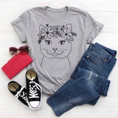 Cat Shirt, cute cat shirt, Cat T-shirt, Cute Cat with flowers tshirt, cat lover tshirt, cat gift for girls Cat With Flowers, Cat Tee Shirts, Girl M, Bear Shirt, Cat Tee, Cat Shirt, Cat T Shirt, Gift For Girls, Dtg Printing