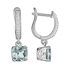 Glistening diamonds and a cushion-cut aquamarine stone give these earrings breathtaking sparkle.Earring Details: Length: .90 in. Closures: leverback Metal: rhodium-plated sterling silver Features: filigree accentStone Details: Stone type: genuine aquamarine Cut: cushionTotal carat weight: approx. 2.5 ct. T.W. Setting: prongDiamond Details: Total weight: 1/10 ct. Cut: round Color: G-H Clarity: I1-I2 Setting: paveImage(s) may be enlarged to show detail.Diamond weights are approximate. Diamond tota Diamond Dangle Earrings, Sterling Silver Drop Earrings, Aquamarine Stone, Silver Drop Earrings, Gems Jewelry, Gemstone Earrings, Aquamarine, Jewelry Earrings Dangle, Silver Bracelet