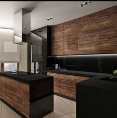 a modern kitchen with wooden cabinets and black counter tops, along with white tile flooring