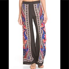 *Printed Palazzo Pants *Hidden Back Zipper Closure *No Stretch *Materials:100% Polyester Non-stretch Black Printed Bottoms, Non-stretch Printed Black Bottoms, Chic Black Printed Pants, Black Printed Wide-leg Pants, Black Full-length Bohemian Harem Pants, Black Straight Pants For Vacation, Black Full Length Bohemian Harem Pants, Printed Stretch Pants, Printed Stretch Long Pants