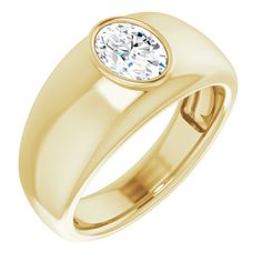 a yellow gold ring with a diamond in the center and a beveled band